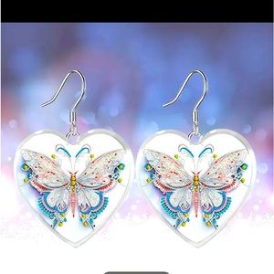 Multicolor Butterfly Pattern Heart Shaped Glass Pendant Earrings.